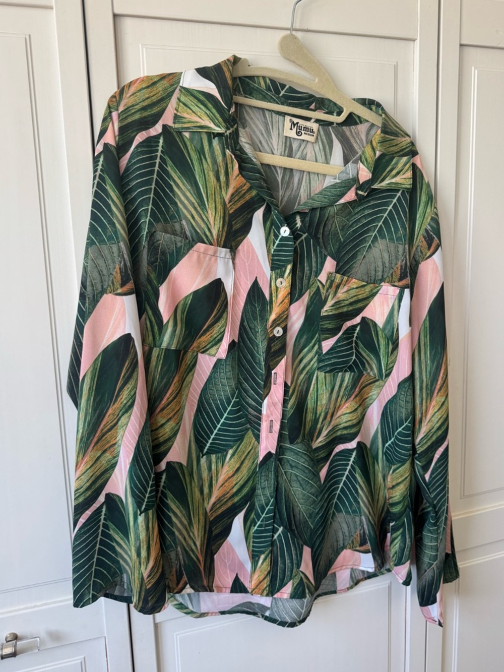 Show Me Your MuMu Green and Pink Tropical Leaf Button-Up Blouse